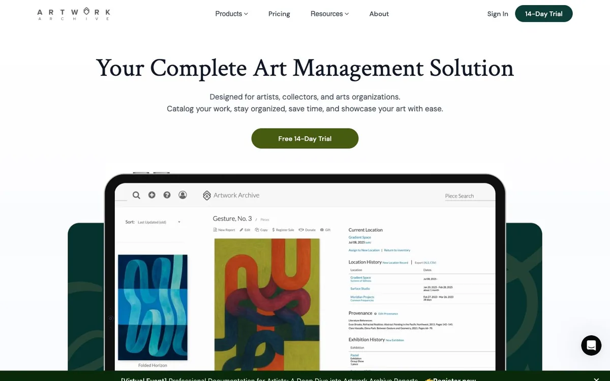 ArtCloud homepage screenshot — art gallery management software