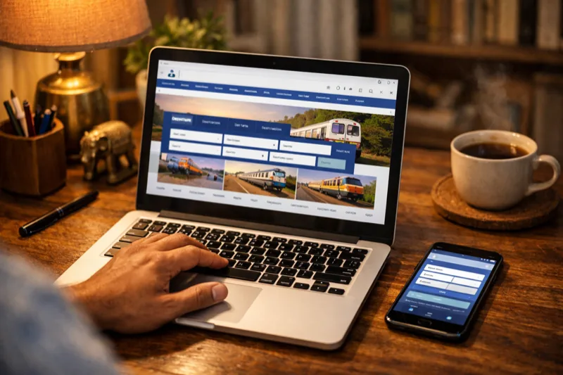 IRCTC website registration page on laptop with smartphone showing Rail Connect app