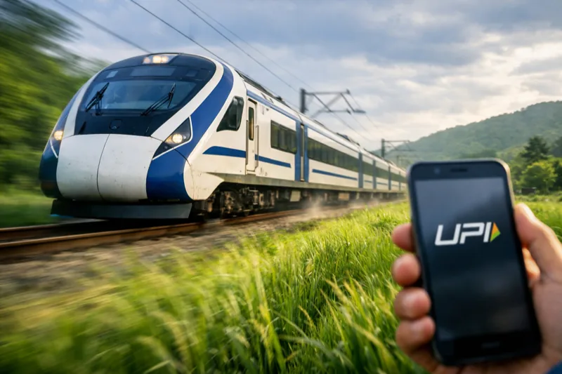 Modern Indian express train with UPI payment on smartphone