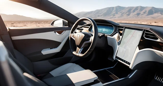 Tesla vehicle dashboard showing Autopilot interface on highway