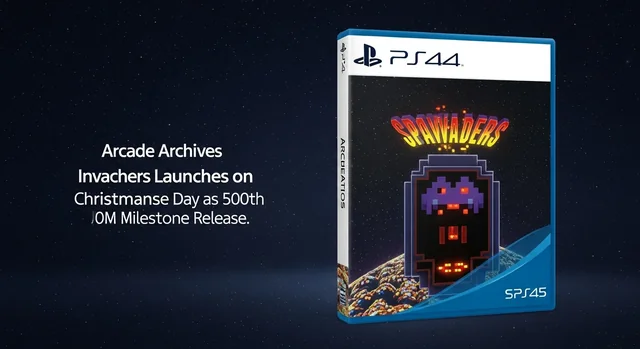 Space Invaders arcade game screenshot showing classic pixel alien enemies and spaceship, celebrating 500th Arcade Archives re