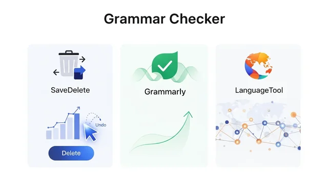 Modern digital workspace showing grammar checking tools comparison with laptop, editing symbols, and clean tech interface
