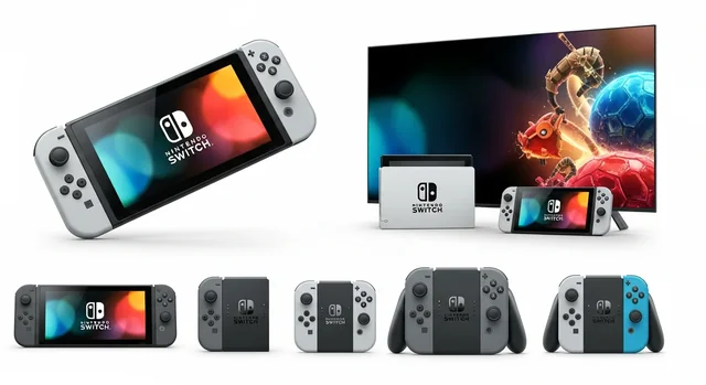 Nintendo Switch 2 console showing handheld and docked gaming modes with sleek modern design on white background