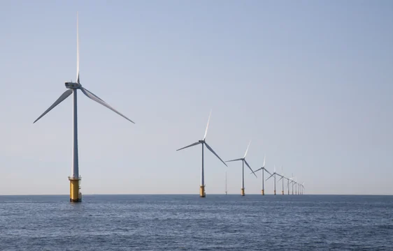 Offshore wind turbines near the U.S. East Coast at sunset