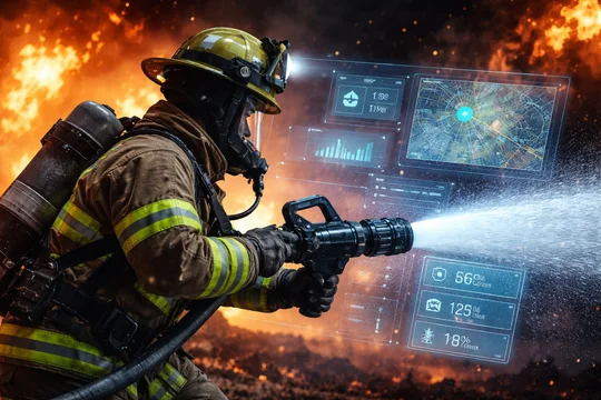 Firefighter using a smart nozzle with digital water flow data overlay