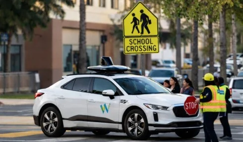 Waymo robotaxi driving near a school crossing in Santa Monica
