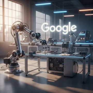 Robotic arm assembling circuit boards on a modern factory floor with Google branding