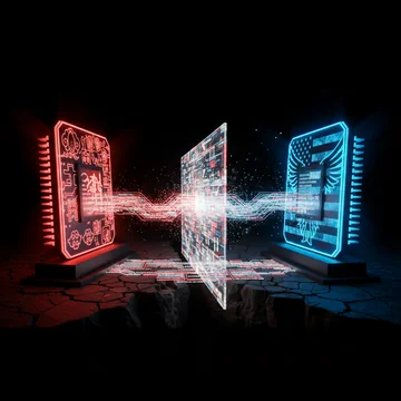 Two AI chip processors facing each other across a digital divide, representing US-China tech rivalry
