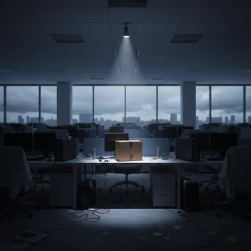 Empty tech office with powered-off monitors and a cardboard box on a desk, representing corporate layoffs