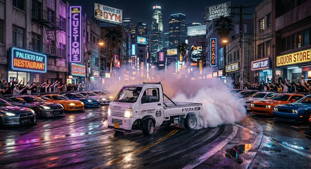 GTA Online drift event with Japanese kei truck drifting through neon-lit city streets