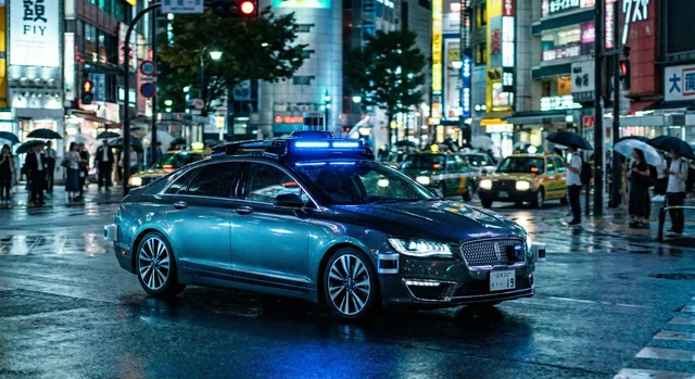 Self-driving autonomous car at night with glowing sensors in a city