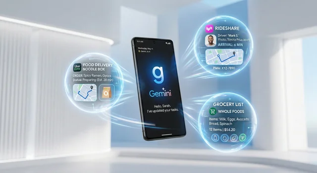 Smartphone with holographic task bubbles showing food delivery and rideshare automation