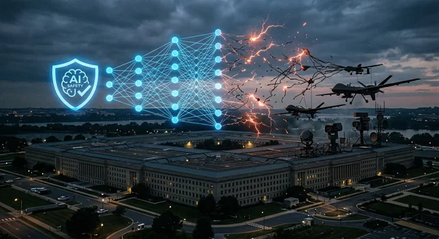 Pentagon building at dusk with AI neural network and military surveillance imagery representing the Anthropic-DOD standoff