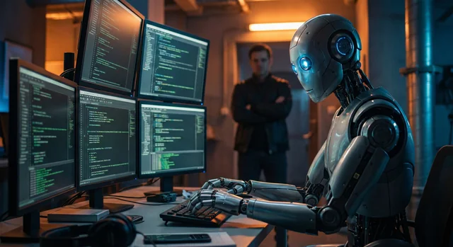 Robot autonomously writing code at a desk while a human developer watches from a distance