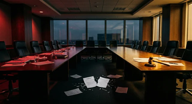 Dramatic boardroom scene depicting a broken corporate deal with contrasting red and golden lighting