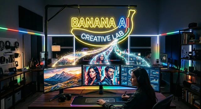 Futuristic design studio with glowing banana neon sign and AI-generated images flowing onto multiple screens