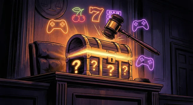 Loot box on a judges bench with gavel representing New York lawsuit against Valve over gambling mechanics in video games