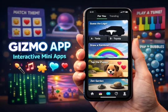 Mobile phone showing the Gizmo app with interactive mini apps in a vertical feed