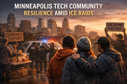 Minneapolis skyline with community members supporting each other during protests