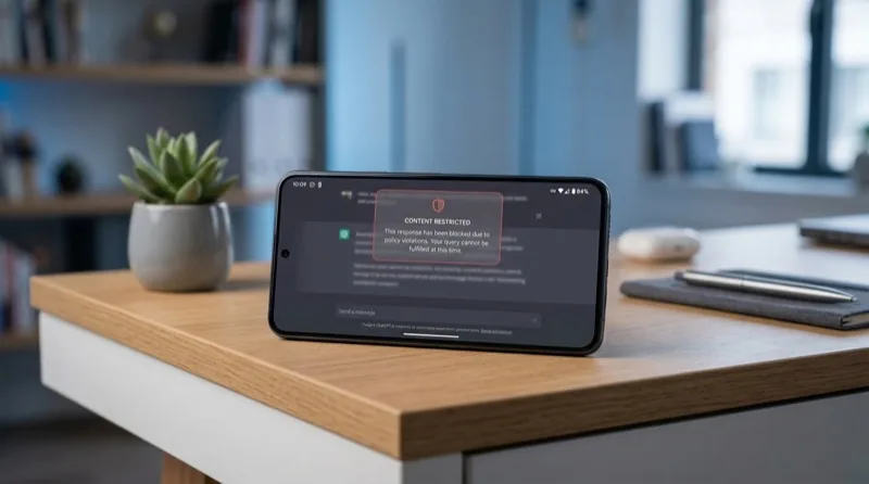 Smartphone showing a ChatGPT interface with a restricted content warning on a modern desk
