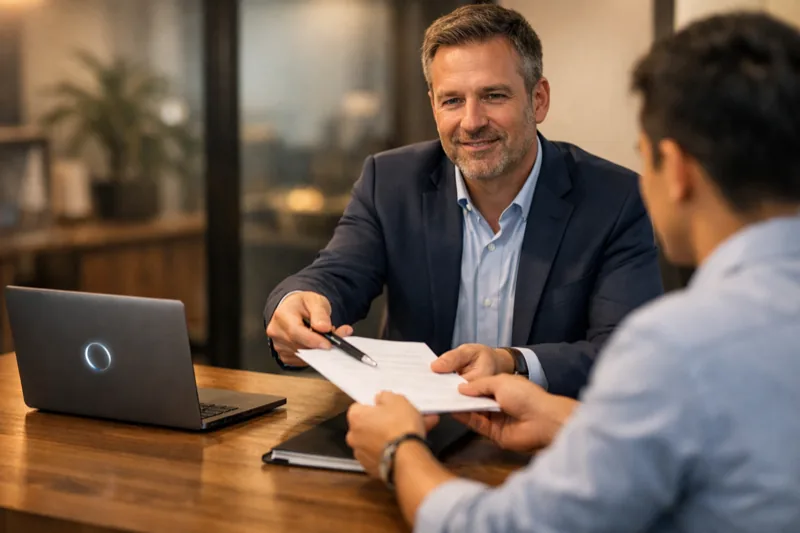 Corporate interview room with hiring manager giving pen and paper assessment to candidate