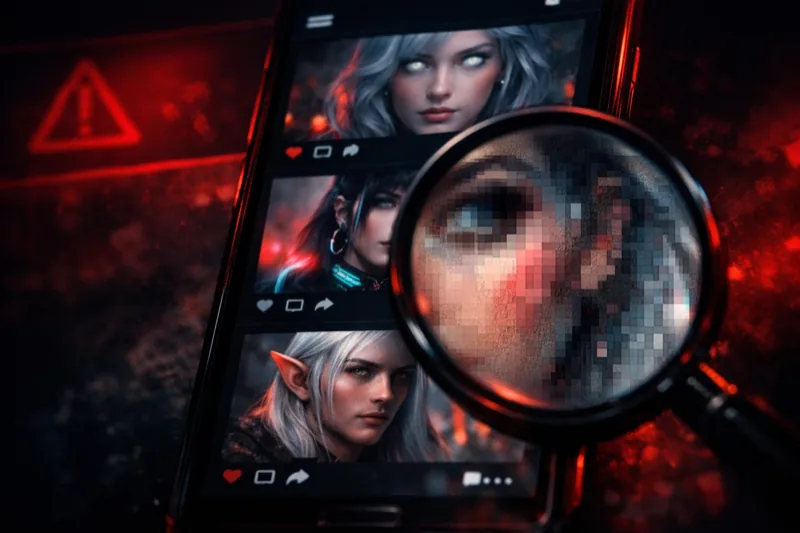 Social media feed showing AI-generated portraits with magnifying glass revealing artifacts