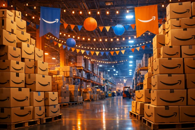 Amazon warehouse interior with Prime Day sale banners and stacked boxes