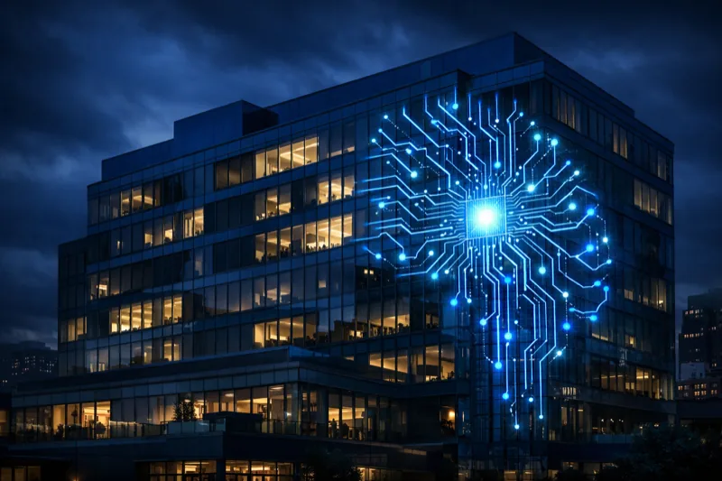 Empty modern corporate office with dim lighting and vacant desks conveying tech layoffs