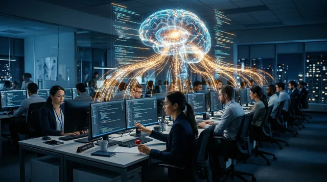 Software engineers reviewing AI-generated code in modern tech office with holographic AI brain above