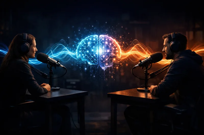 Two people with headphones talking into microphones with sound waves flowing to AI brain
