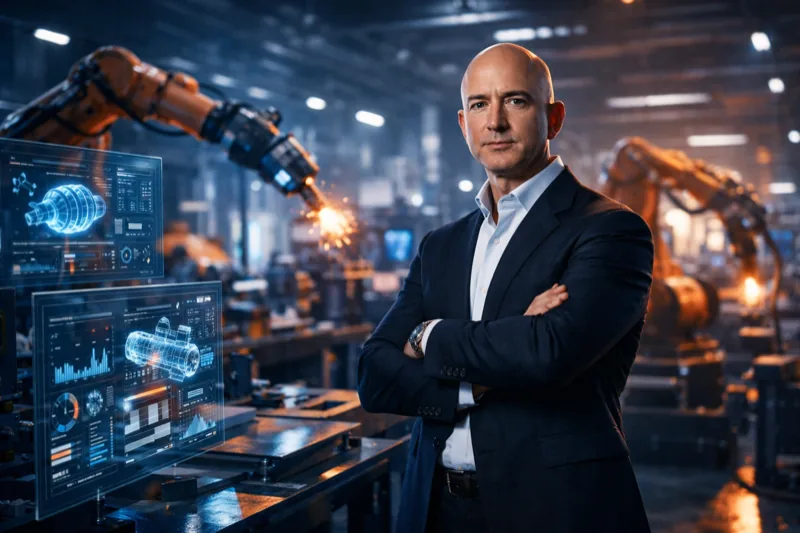 Jeff Bezos AI manufacturing fund concept with robotic factory floor