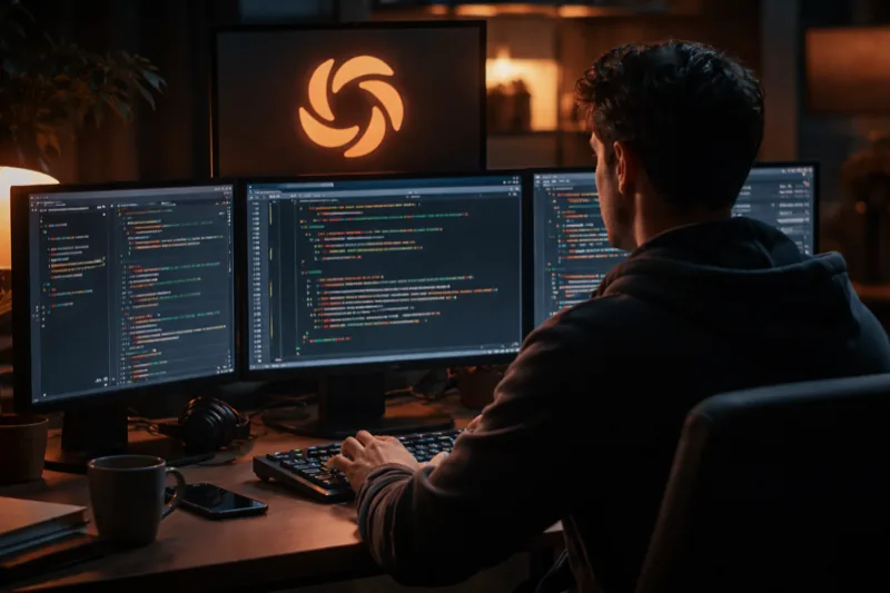 Developer at terminal with Claude AI generating code on multiple monitors