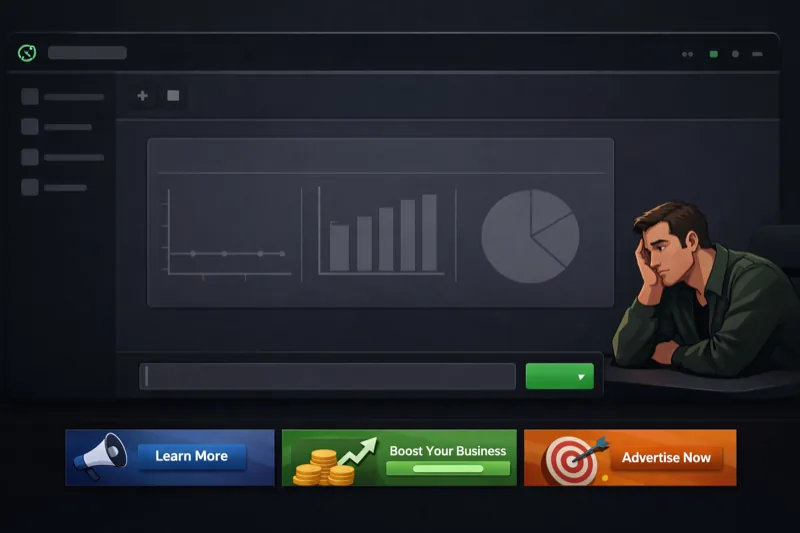 ChatGPT interface with ads and disappointed advertiser viewing empty analytics