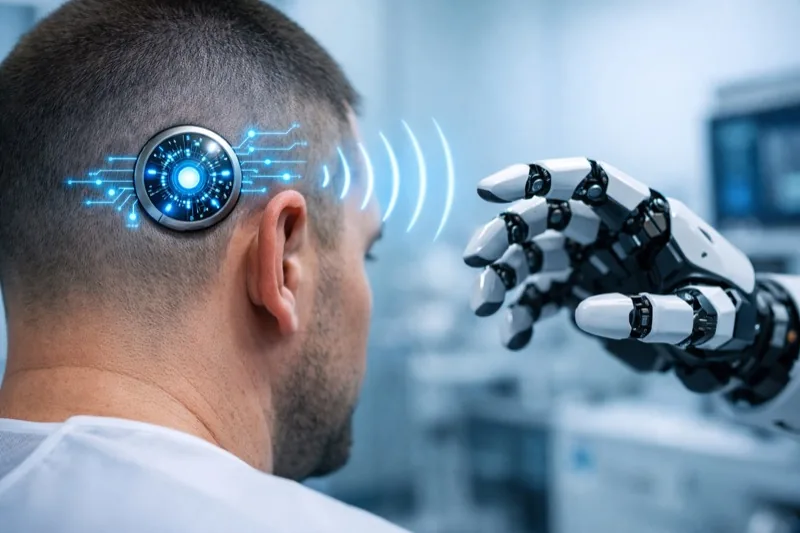 Brain-computer interface implant device with glowing neural connections in a medical laboratory