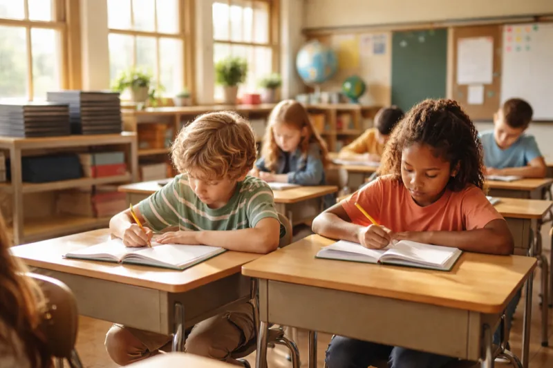 Classroom with students writing by hand while unused Chromebooks sit on a cart
