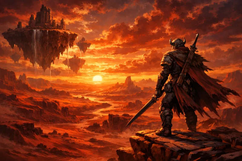 Crimson Desert fantasy warrior overlooking vast landscape