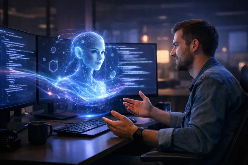Developer talking to AI assistant while code auto-generates on screens