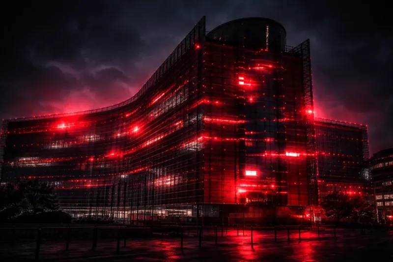 European Commission building at night with cyberattack glitch effects