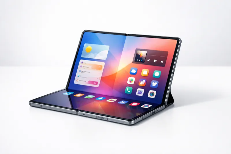 Sleek foldable smartphone opening to reveal a large tablet-sized screen on a minimalist surface