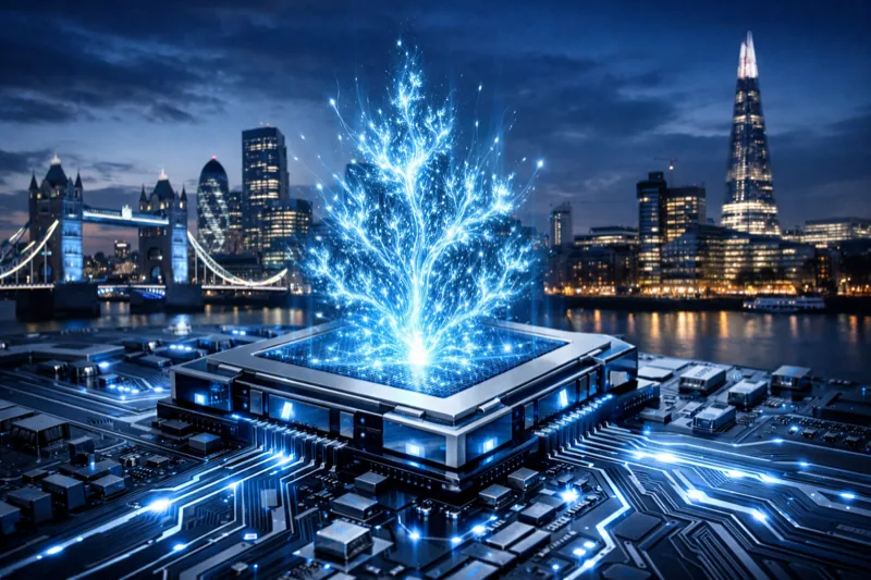 Futuristic chip with fractal patterns on London skyline