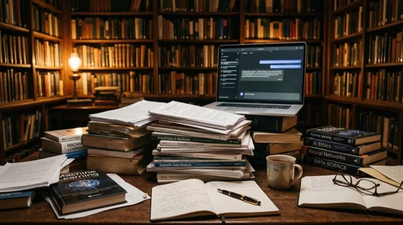 Stack of academic research papers on a desk with a laptop showing an AI chatbot interface in moody library lighting