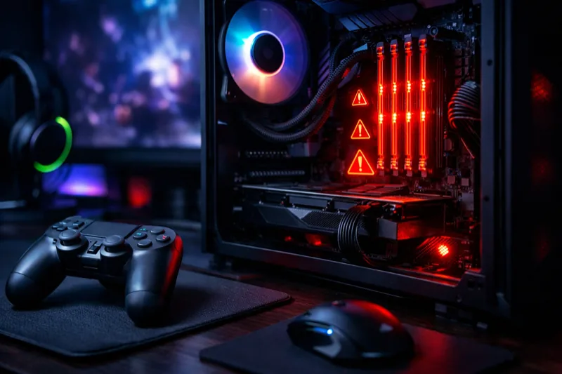 Gaming setup with empty RAM slots and warning indicators