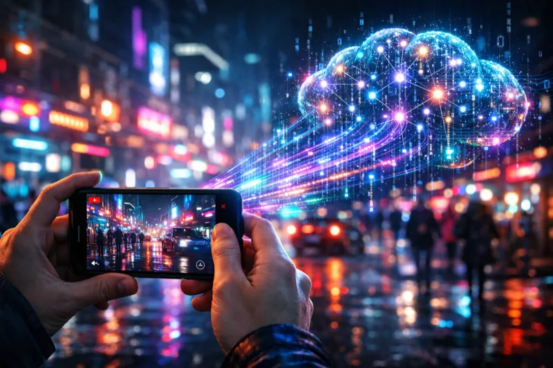Person recording video on smartphone with data streams flowing to AI cloud