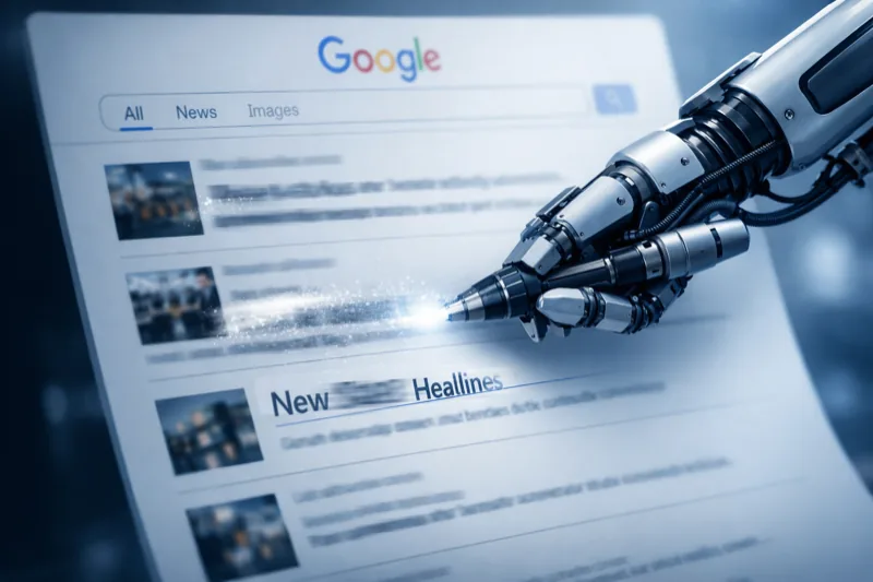 Google search results page with AI robot arm rewriting news headlines