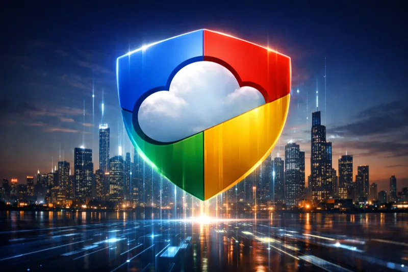 Futuristic cloud security shield merging with Google colorful design
