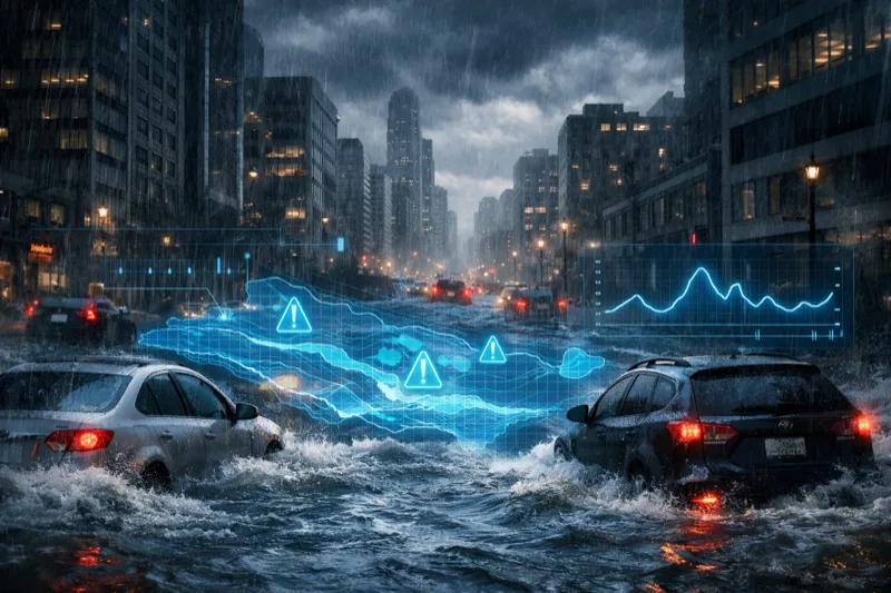 Urban cityscape during flash flood with digital prediction overlay showing flood warning data