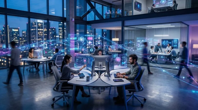 Futuristic office space with holographic AI agent interfaces and blue purple lighting