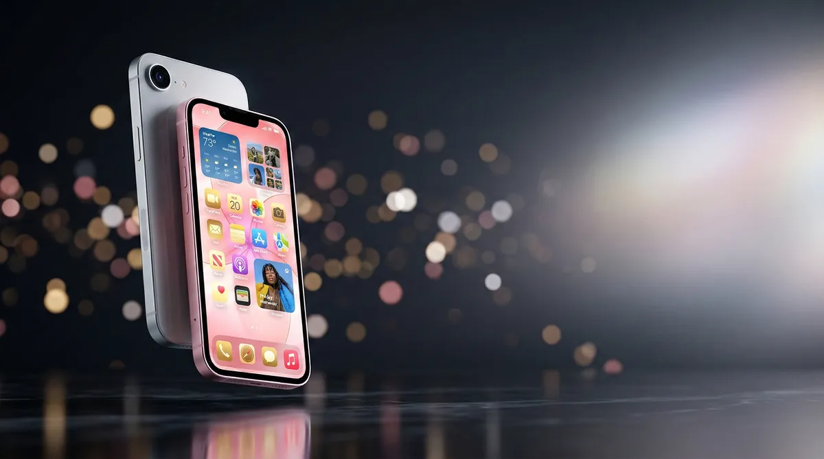 Apple iPhone 17e floating with colorful iOS interface on dark background with warm bokeh lights