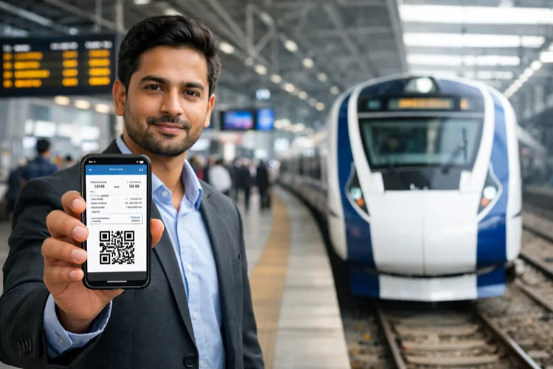 IRCTC registration 2026 - Indian railway station with Vande Bharat train and digital e-ticket on smartphone