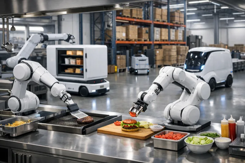 Industrial robots in warehouse and kitchen environment